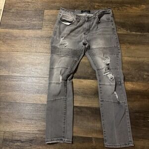 Men's Smoke & Ash Premium Denim Jeans Size 32x30 Moto Distressed Gray